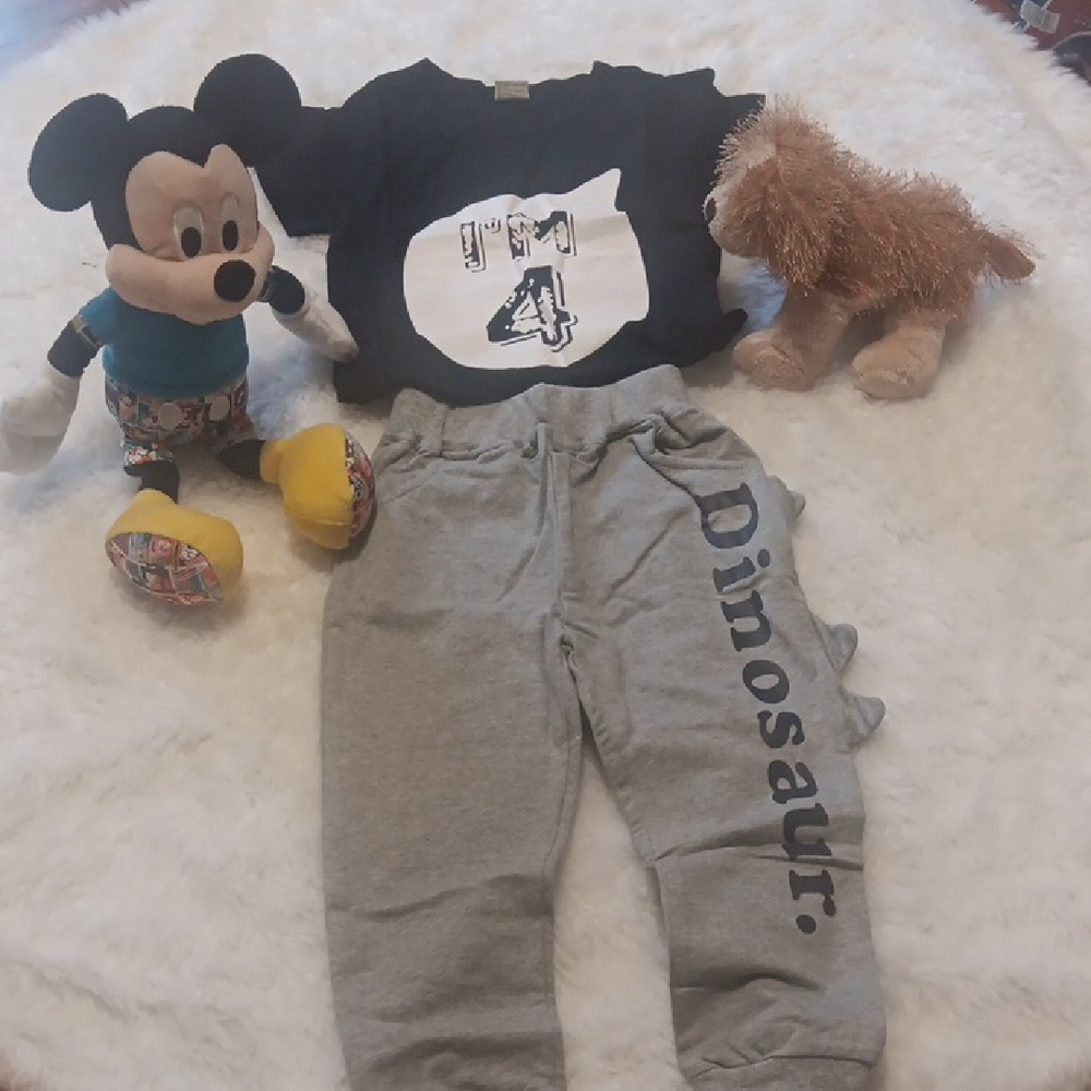 Gray Dinosaur Print Kids Joggers,I am 4 Shirt Size 3/4